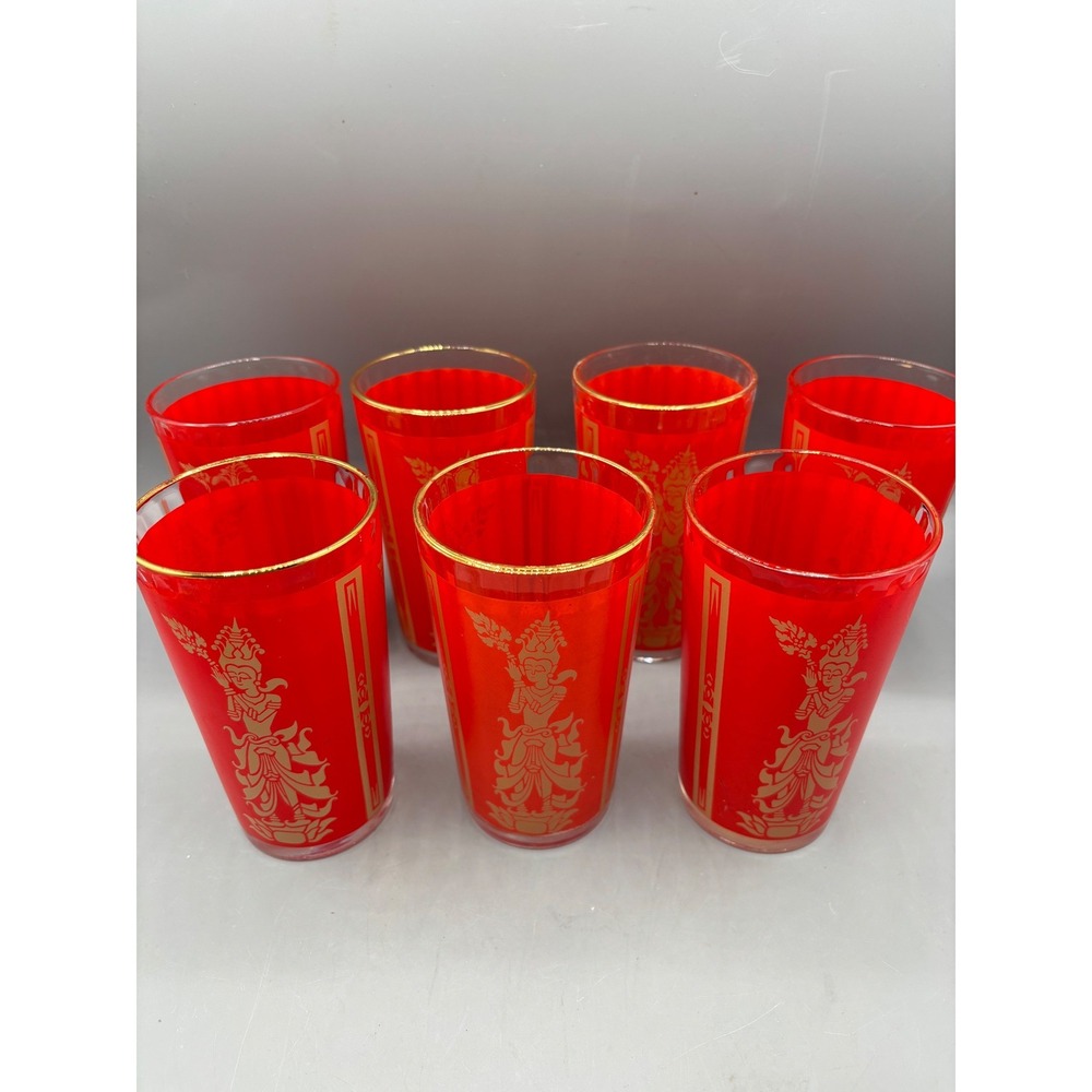 Vtg 60s Red Gold Siam Thai Goddess High Ball Glasses 7 Pc Mid Century Barware